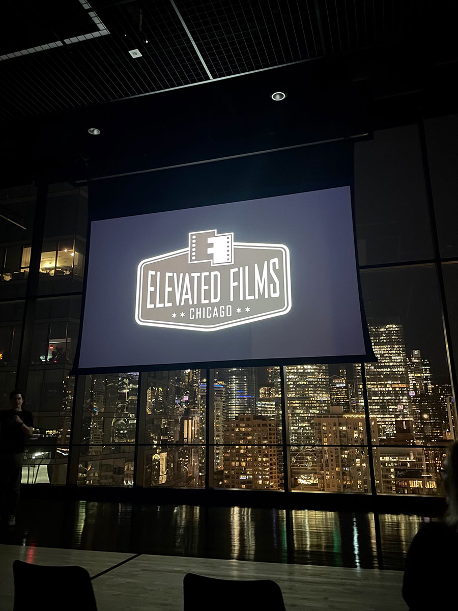 view of the Chicago's downtown from within a top floor at night
